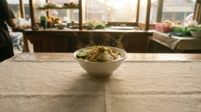 Indonesian soto ayam chicken soup in bowl on warung table