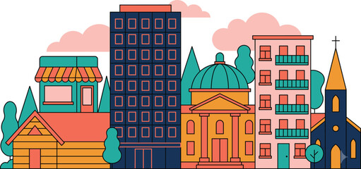 Fototapeta premium Modern Urban Neighborhood with Mixed Architecture Church Apartments and Commercial Buildings Flat Vector Illustration