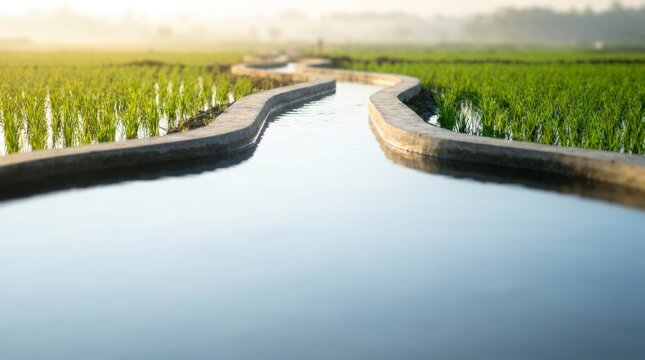 Irrigation canal winding through green rice fields