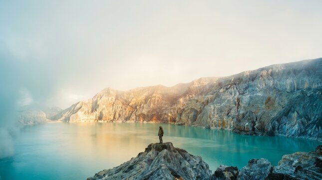 Kawah ijen volcanic crater lake with hiker in east java indonesia
