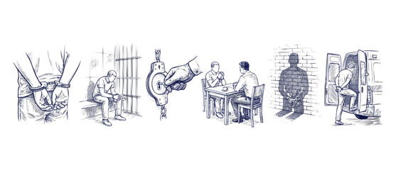 Obraz premium Arrest prisoner jail interrogation sketch set showing handcuffs, police questioning, prison cell, and suspect boarding van in black and white line art style representing justice and punishment.