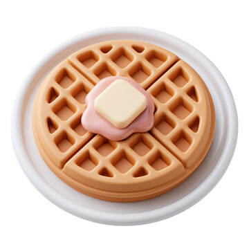 Cute golden round waffle on white plate with butter and pink syrup pool isolated on transparent background for breakfast menu design