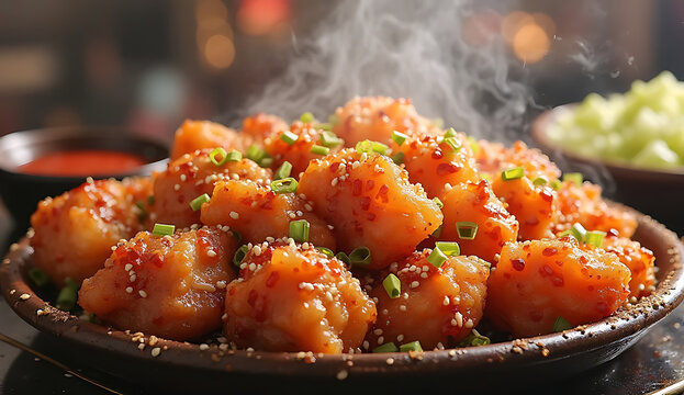 Spicy stir-fried shrimp in wok with chili sauce. Crispy garlic prawns sizzling in Asian street food style.