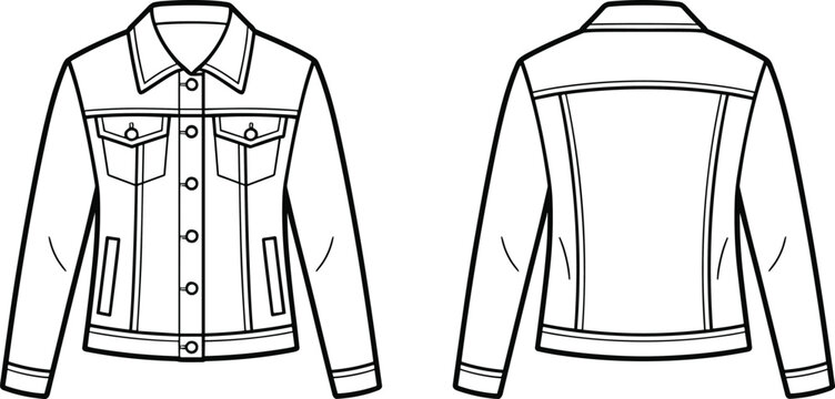 Denim jacket technical flat sketch front and back views for fashion design
