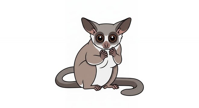 Cute cartoon bush baby galago nocturnal animal illustration with big eyes and long tail on white background