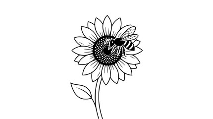 Line Art Bee on Sunflower Illustration - Black and White Drawing © illustration
