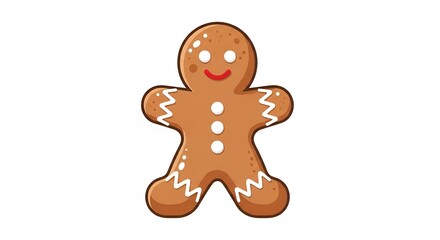 Obraz premium Smiling Christmas Gingerbread Man Cookie with White Icing Decorations and Red Smile Isolated on White Background