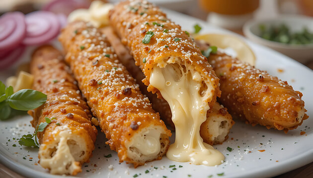 Golden fried mozzarella sticks with melted cheese pull. Crispy breaded appetizer served on white plate with garnish.