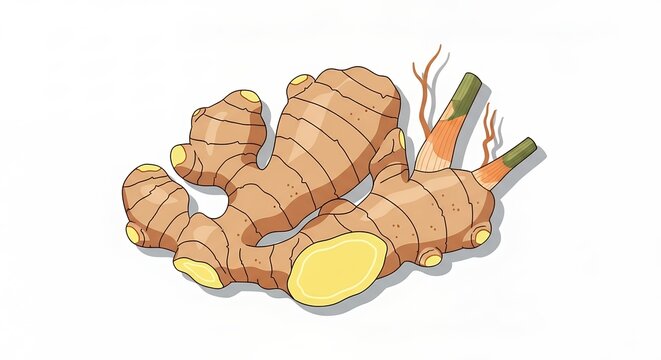 Fresh Raw Ginger Root with a Sliced Section Isolated on White Background for Healthy Food Ingredient Design