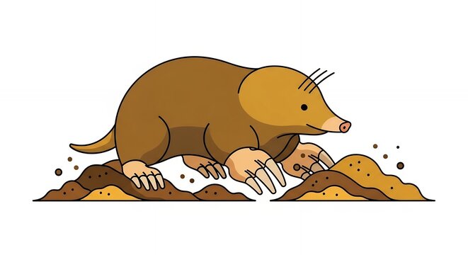 Cartoon brown mole animal character digging through dirt pile isolated on white background illustration