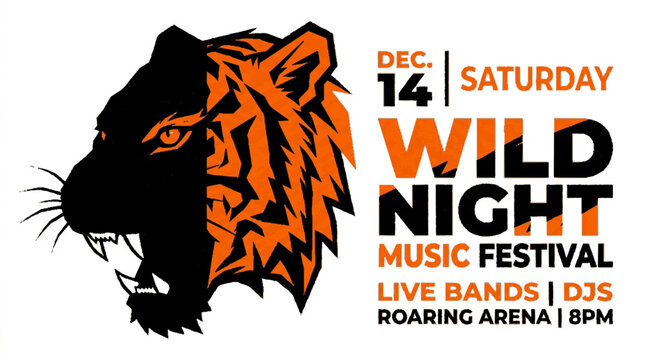 Graphic tiger head vector illustration featuring bold orange black design elements for music festival event poster promotion with marketing