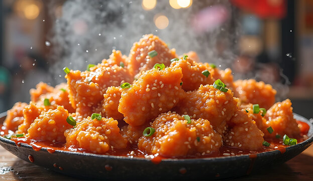 Crispy fried chicken bites piled high on dark plate. Golden breaded nuggets with herbs for fast food or appetizer display.