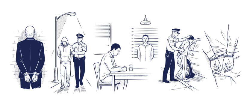 Police arrest criminal suspect illustration set featuring handcuffed man in suit, police officer detaining hooded teenager, interrogation room mugshot lineup, and suspect pushed into patrol car sketch