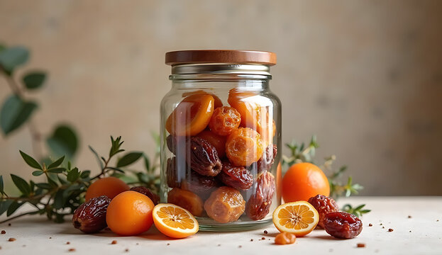 Glass jar filled with fresh trail mix and dried fruits. Healthy snack assortment of nuts, berries, and citrus for energy boost.