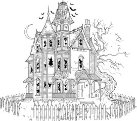 Naklejka premium Spooky Haunted House Illustration with Bats and Crescent Moon