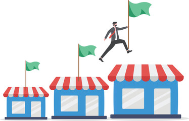 Obraz premium Businessman planting flags on shop roofs
