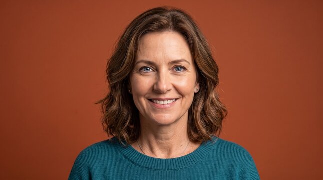 Smiling Woman Portrait Against Warm Orange Background