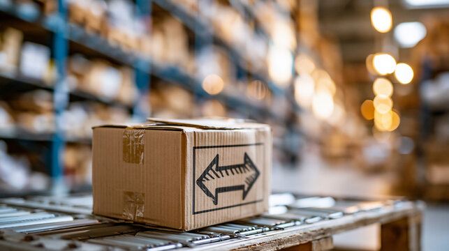 Cardboard box marked with a bold return arrow standing on a clean pallet in a bright product warehouse with tall organized shelves returns handling concept reverse logistics