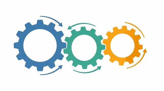 Three interlocking gear wheels. Colorful cogs representing business process and teamwork.