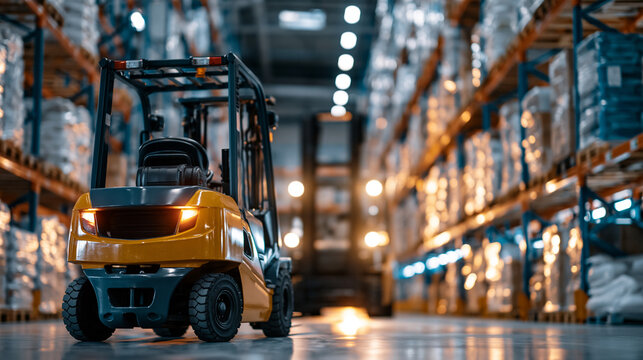 Rear view of a forklift driving backwards along a bright clean warehouse aisle between tall racks of packaged goods safe reversing maneuver concept material handling logistics