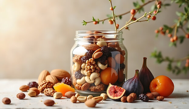 Autumn harvest ingredients in glass jar with fresh fruits and nuts. Seasonal fall produce collection for healthy cooking and baking recipes.