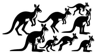 Kangaroo Silhouette Collection with Different Poses Wildlife Animal Vector Set on White Background © Kolpona