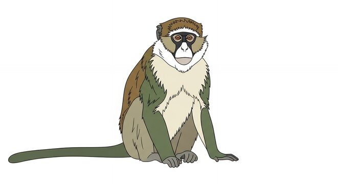 Grivet Monkey Illustration Sitting Isolated on White Background, African Primate Green Monkey Wildlife Graphic