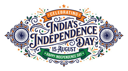 India's Independence Day typography vector, 15 August celebration banner with Ashoka Chakra, ornate tricolor floral greeting card design © MuhammadMajid