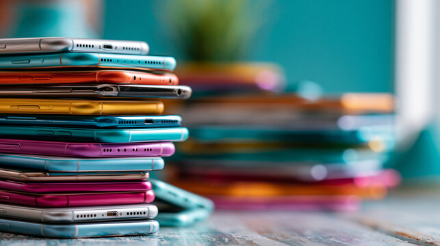 Colorful stack of modern smartphones neatly piled on a bright surface against a fresh teal background electronics trade in concept device return gadgets technology recycling