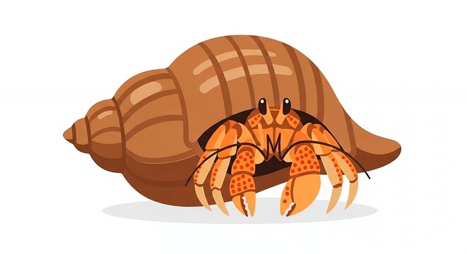 Cute orange hermit crab peeking out of its brown spiral shell marine animal mascot cartoon on white background