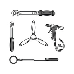 Fototapeta premium Mechanical Tools and Aircraft Component Collection on White Background Vector Illustration