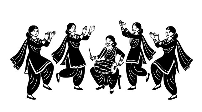 Punjabi women dancing and playing dhol drum, folk festival celebration