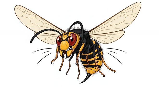 Angry Yellow and Black Hornet Mascot Illustration with Large Wings and Sharp Stinger on Clean White Background