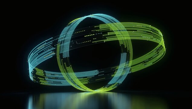 Futuristic Glowing Digital Rings Intersecting on Black Background for Tech Network Concept