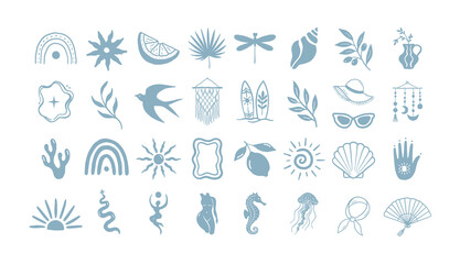 Fototapeta premium Blue coastal summer icon set with Mediterranean beach elements. Minimal nautical vector collection featuring seashells, lemon, olive branch, palm leaf, rainbow, dragonfly, swallow and ocean-inspired s