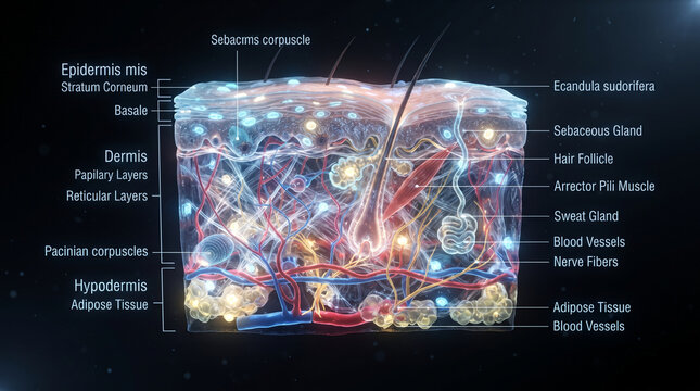 Detailed 3D Medical Illustration of Human Skin Anatomy and Layers