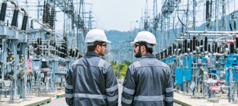 Two electrician working at power grid. Energy maintenance facility. Generative video AI technology.	
