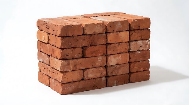 Stack of red clay bricks ready for construction. Building materials for wall, foundation, or masonry work in progress.