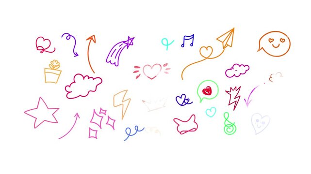 Hand drawn doodle icons animation featuring colorful aesthetic symbols for creative video motion graphic design elements