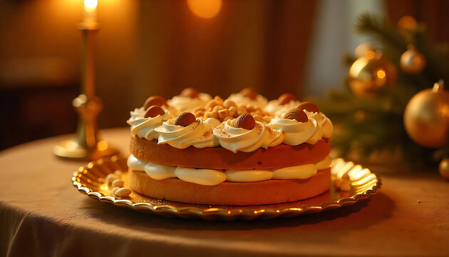 Elegant holiday fruitcake with festive icing and decorations. Traditional Christmas dessert cake topped with nuts and glac&eacute; fruits for celebrations.