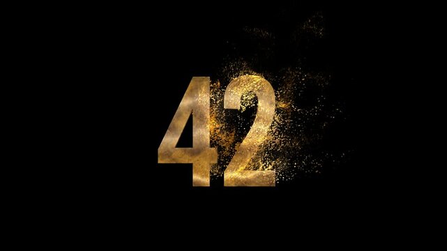 Beautiful Golden Number 42 with golden particles and transparent background, golden number forty-two
