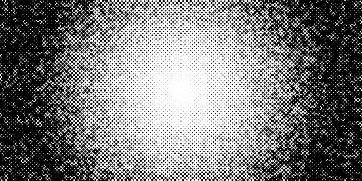 Binary halftone texture background. Square dot faded gradation wallpaper. Black and white squared pixels. Abstract glitchy 8 bit video game backdrop. Vector comic bitmap dither screen tone overlay