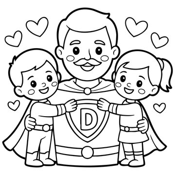 Cute Super Dad Coloring Book Design With Boy Girl And Hero Shield Isolated on a Transparent or White Background
