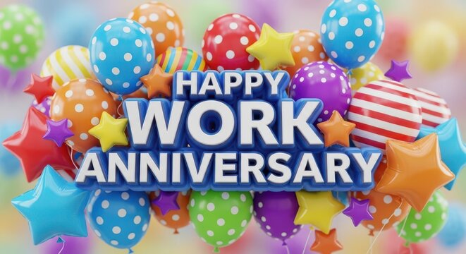 Happy work anniversary with colorful balloons and stars