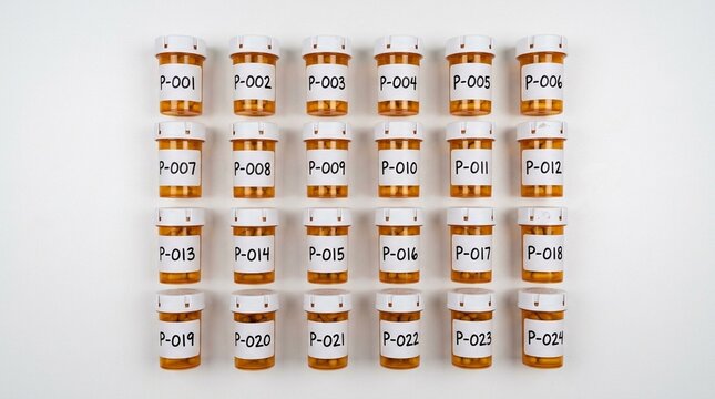 Clinical Trial Lined-up Returned Medication Bottles Labelled with Participant Codes for Reconciliation - Overhead Flat Lay - Clinical Trial Pharmacy Stock Photo