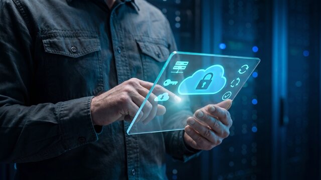 VPN Security Platform. IT professional tapping transparent tablet with cloud padlock, key, and server icons for data breach defense, encrypted storage, and network safety