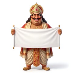 Fototapeta premium A cheerful 3D cartoon character of King Mahabali holding a blank white scroll banner for text, celebrating the traditional Kerala Onam festival, isolated on white.