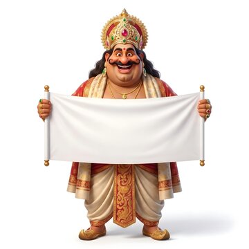 A cheerful 3D cartoon character of King Mahabali holding a blank white scroll banner for text, celebrating the traditional Kerala Onam festival, isolated on white.