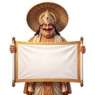 A cheerful 3D cartoon illustration of King Mahabali holding a large blank white scroll for Kerala Onam festival greetings and promotional marketing announcements.