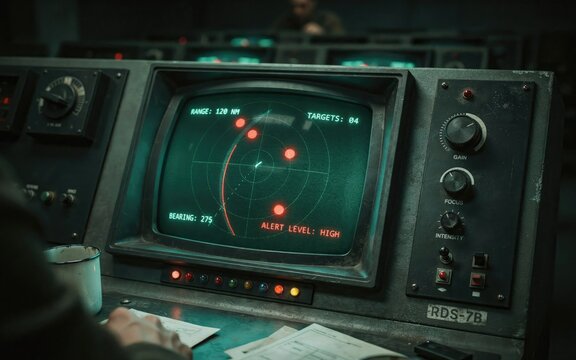 Vintage radar screen in military control room, retro computer monitor with alert level high, analog surveillance console with glowing green display